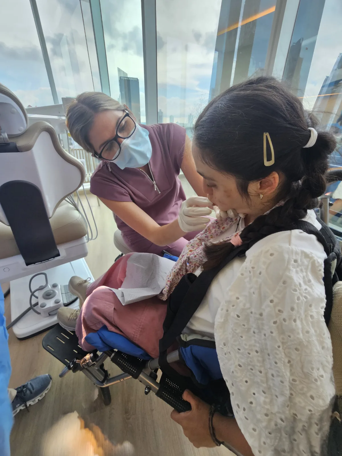 Dental treatment with panoramic city view